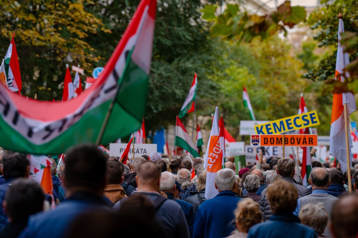 Budapest, Hungary - October 23, 2025: Crowd carrying Hungarian flags and regional signs during the October 23 commemoration of the 1956 Revolution, with patriotic banners.
