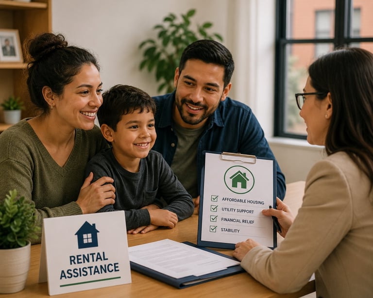 Family meeting with rental assistance counselor reviewing housing support options at desk