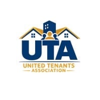UTA United Tenants Association logo featuring a house with bell and text in navy and gold
