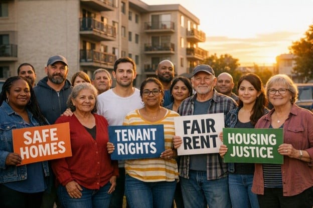 Diverse group of people holding signs about housing rights and tenant advocacy standing together in front of apartment buildings at sunset.