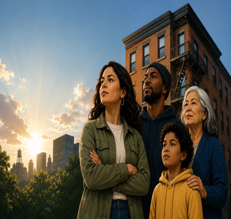Multi-generational family of four looking upward in front of a brick apartment building against a sunset sky.